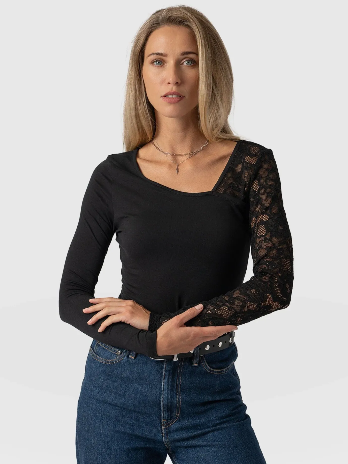 T-shirts & Tanks|Saint and Sofia Aimee Cut Out Long Sleeve Tee - Black Lace