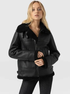 Leather|Coats & Jackets|Saint and Sofia Amelia Aviator Jacket - Black