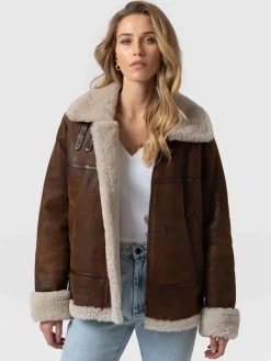 Leather|Coats & Jackets|Saint and Sofia Amelia Aviator Jacket - Brown