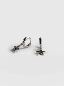 Jewelry|Earrings|Saint and Sofia Astral Star Charm Drop Huggie Earrings - Silver/Black