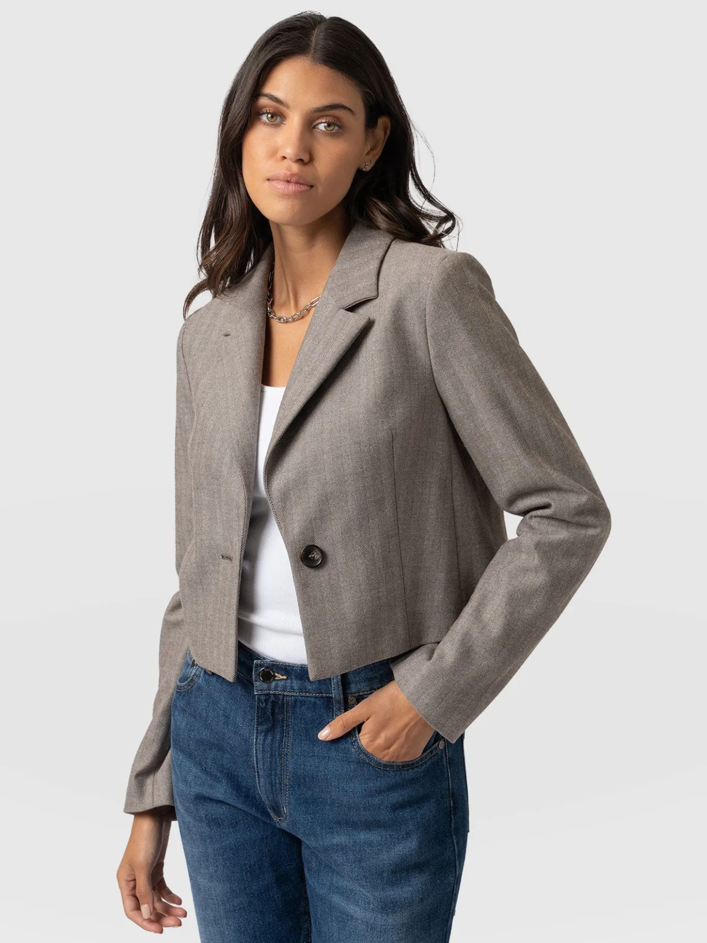 Coats & Jackets|Blazers|Saint and Sofia Astrid Cropped Blazer - Brown Herringbone