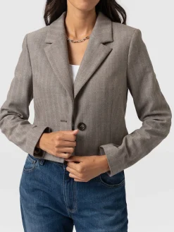 Coats & Jackets|Blazers|Saint and Sofia Astrid Cropped Blazer - Brown Herringbone
