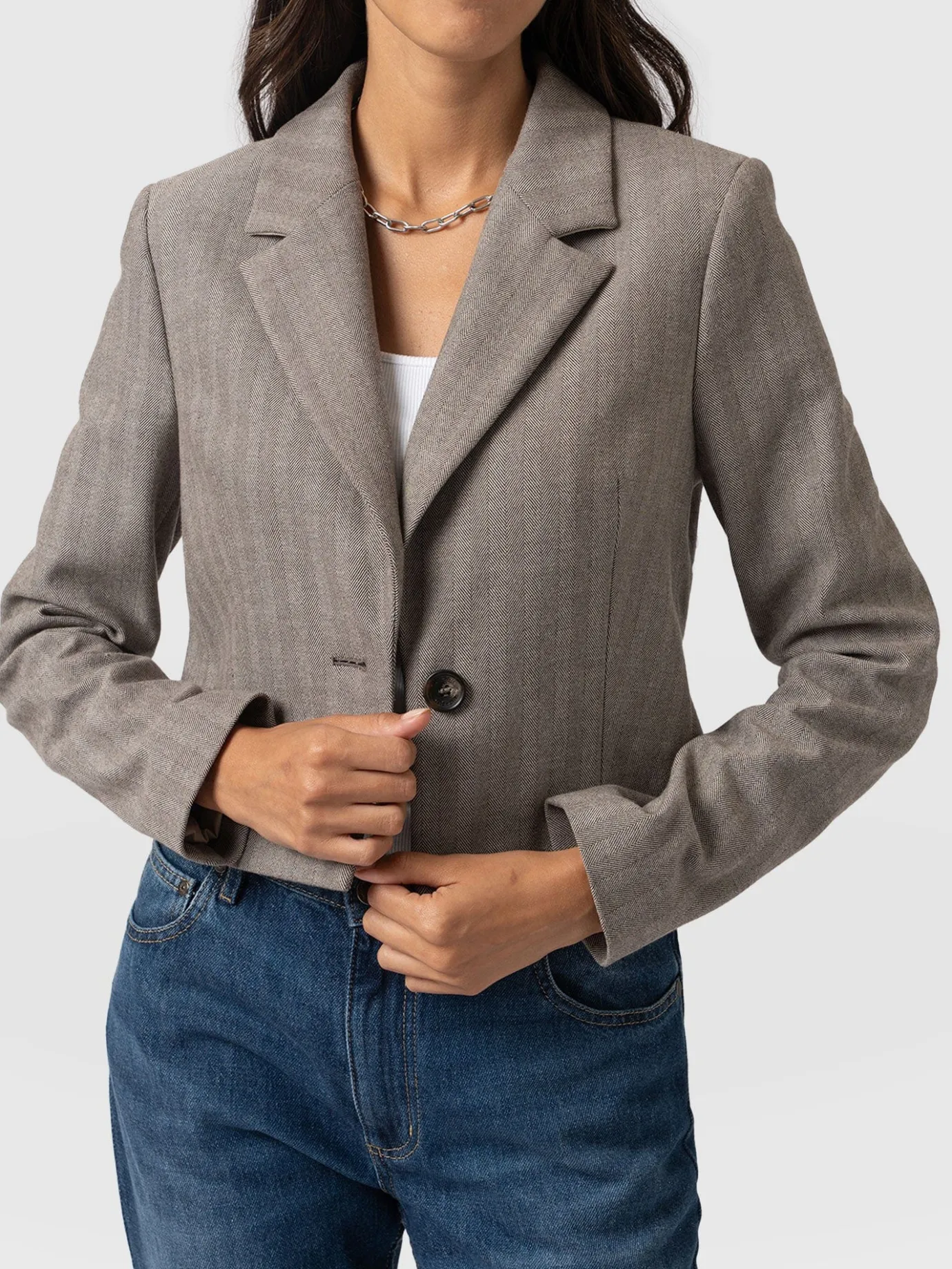 Coats & Jackets|Blazers|Saint and Sofia Astrid Cropped Blazer - Brown Herringbone