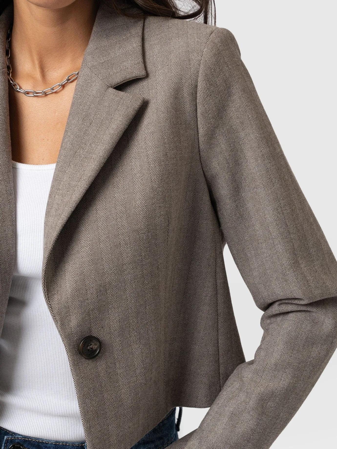 Coats & Jackets|Blazers|Saint and Sofia Astrid Cropped Blazer - Brown Herringbone