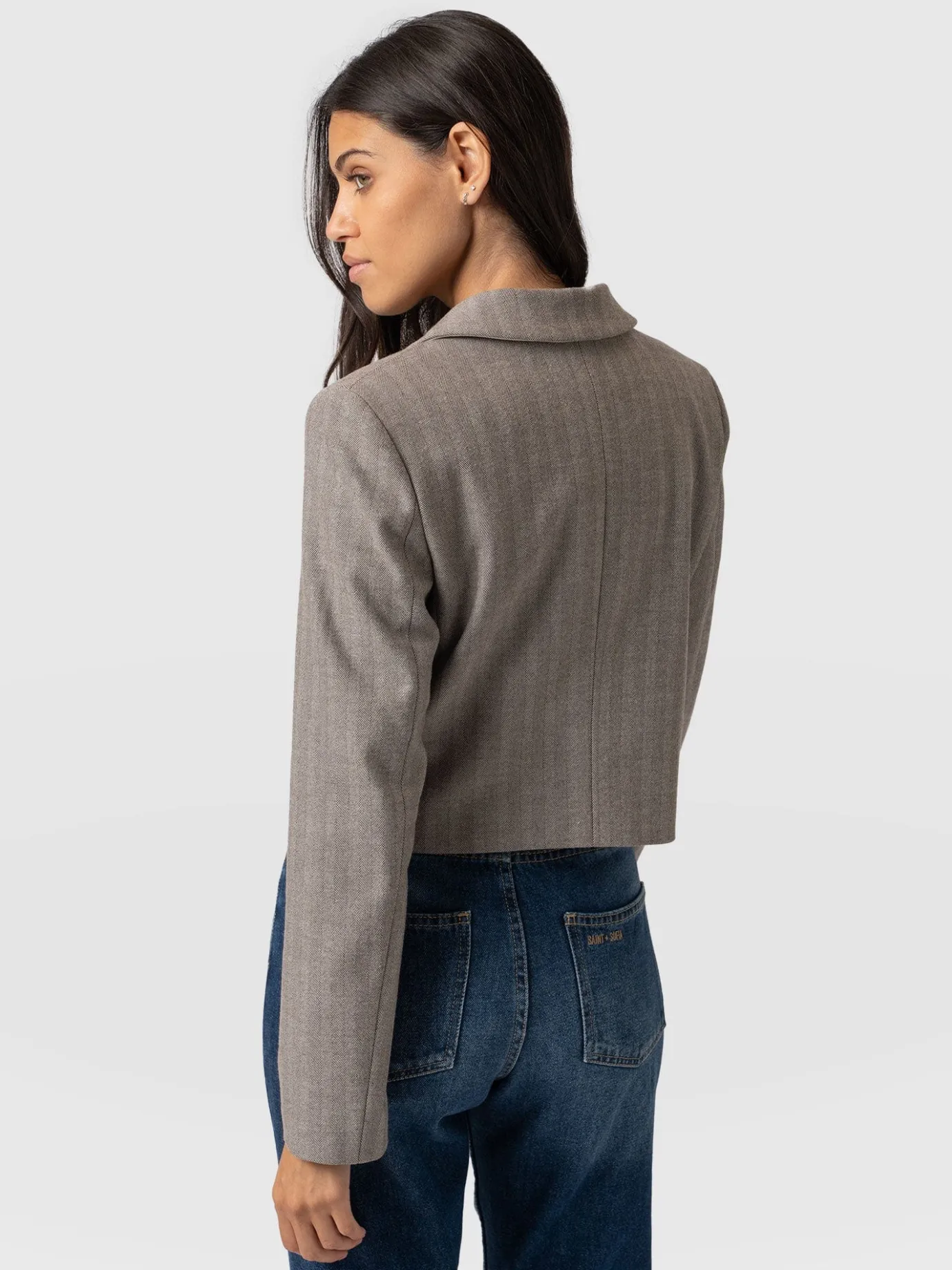 Coats & Jackets|Blazers|Saint and Sofia Astrid Cropped Blazer - Brown Herringbone
