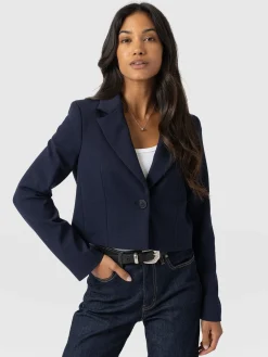Coats & Jackets|Blazers|Saint and Sofia Astrid Cropped Blazer - Navy