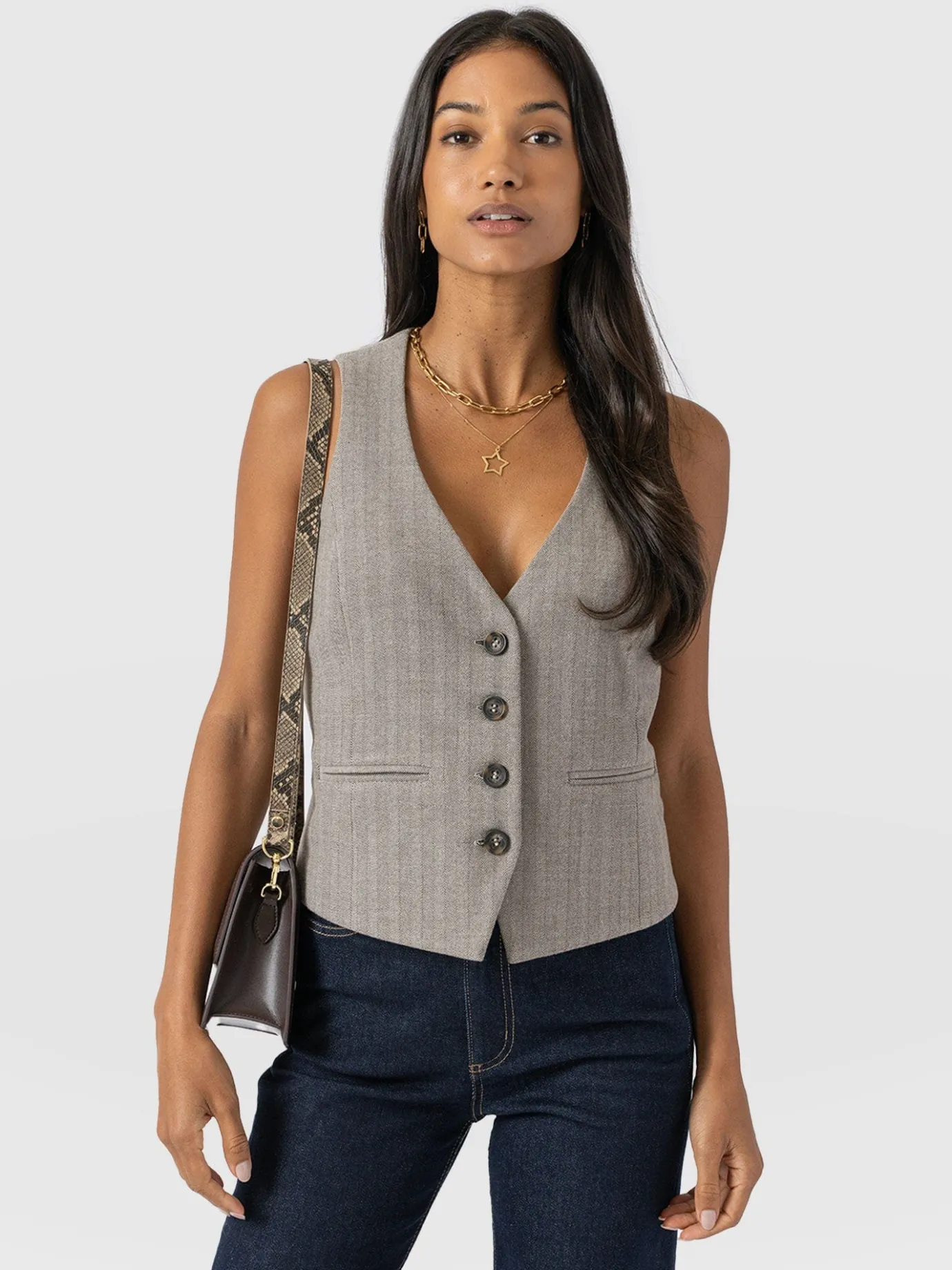 Coats & Jackets|Blazers|Saint and Sofia Astrid Vest - Brown Herringbone
