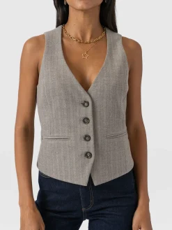 Coats & Jackets|Blazers|Saint and Sofia Astrid Vest - Brown Herringbone