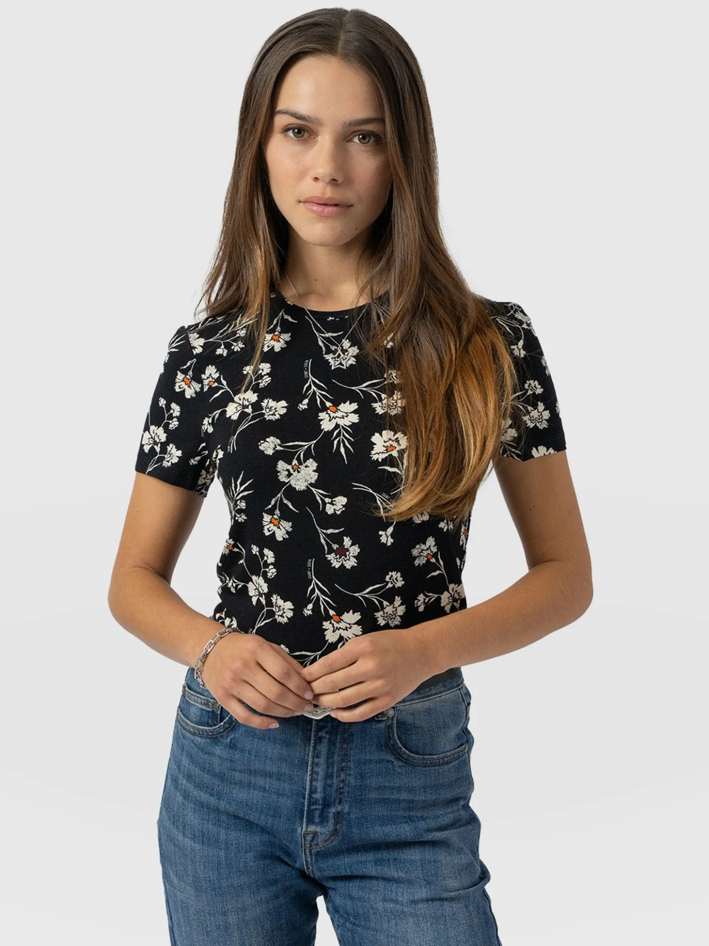 T-shirts & Tanks|Saint and Sofia Austen Crew Neck Tee Short Sleeve - Black Spring Floral
