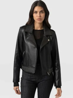 Leather|Coats & Jackets|Saint and Sofia Bonham Studded Biker Jacket - Black