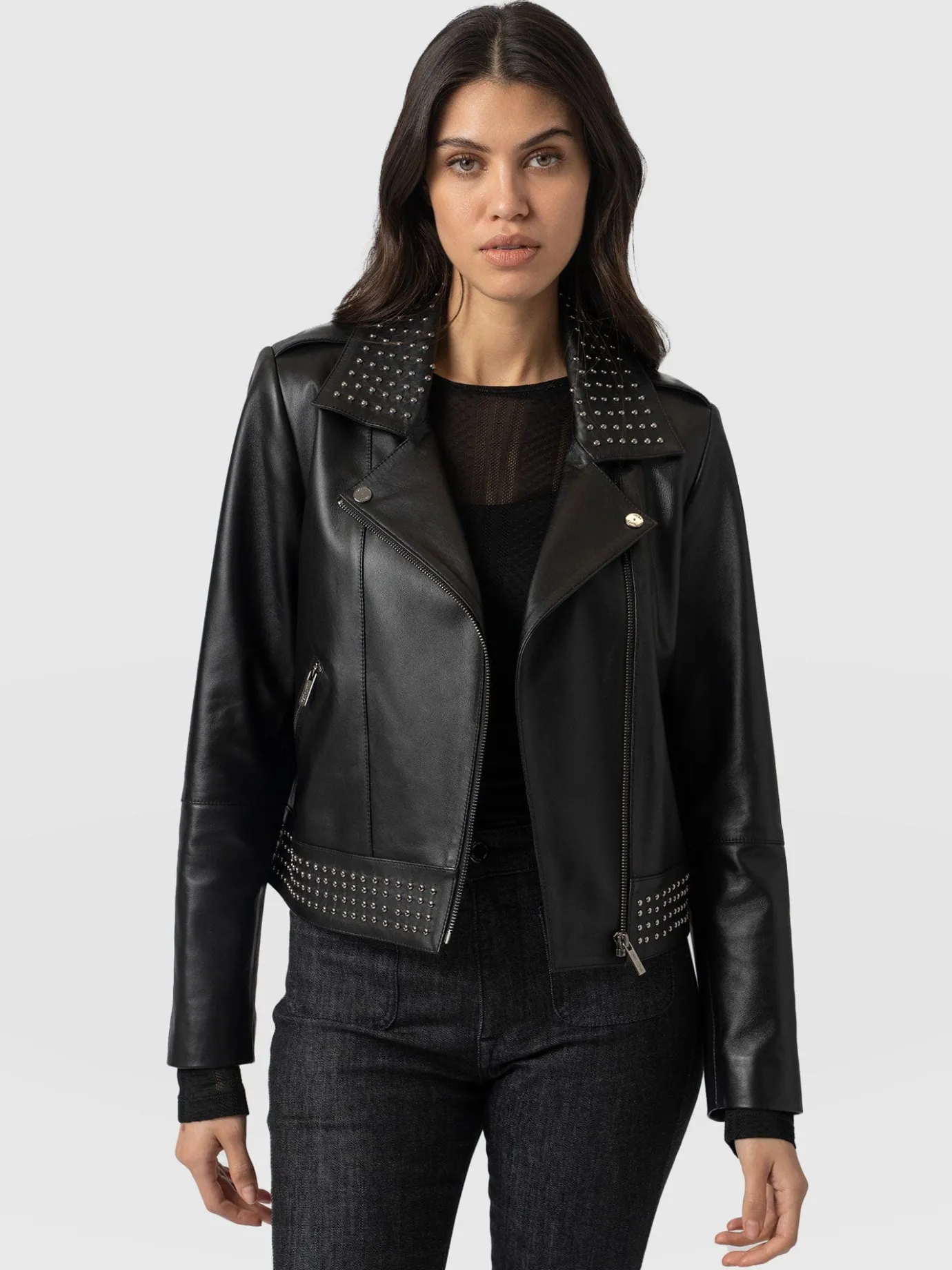 Leather|Coats & Jackets|Saint and Sofia Bonham Studded Biker Jacket - Black
