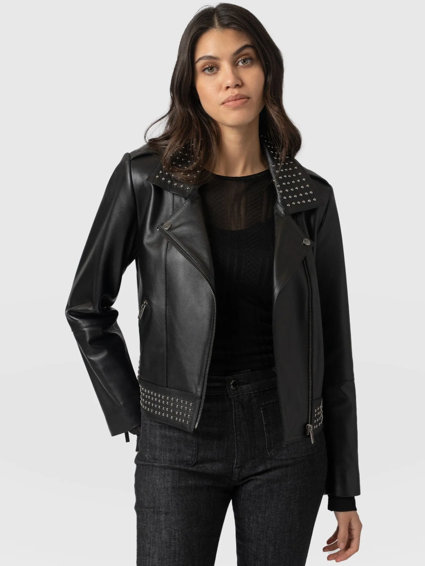 Leather|Coats & Jackets|Saint and Sofia Bonham Studded Biker Jacket - Black