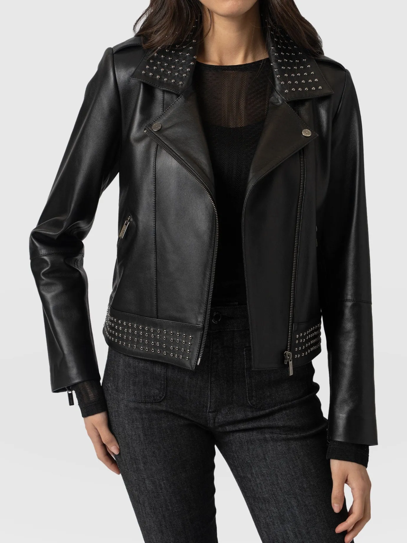 Leather|Coats & Jackets|Saint and Sofia Bonham Studded Biker Jacket - Black
