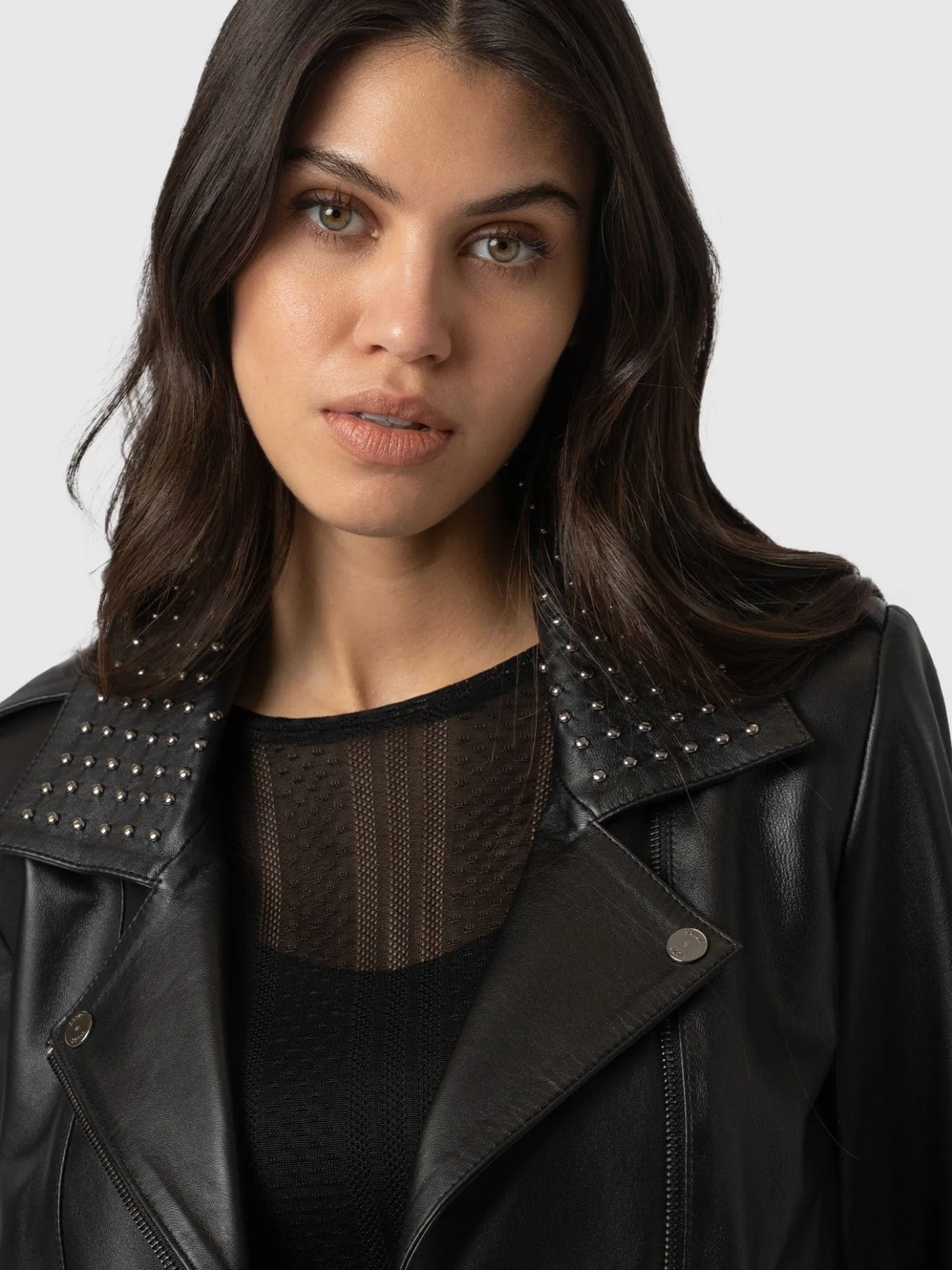 Leather|Coats & Jackets|Saint and Sofia Bonham Studded Biker Jacket - Black