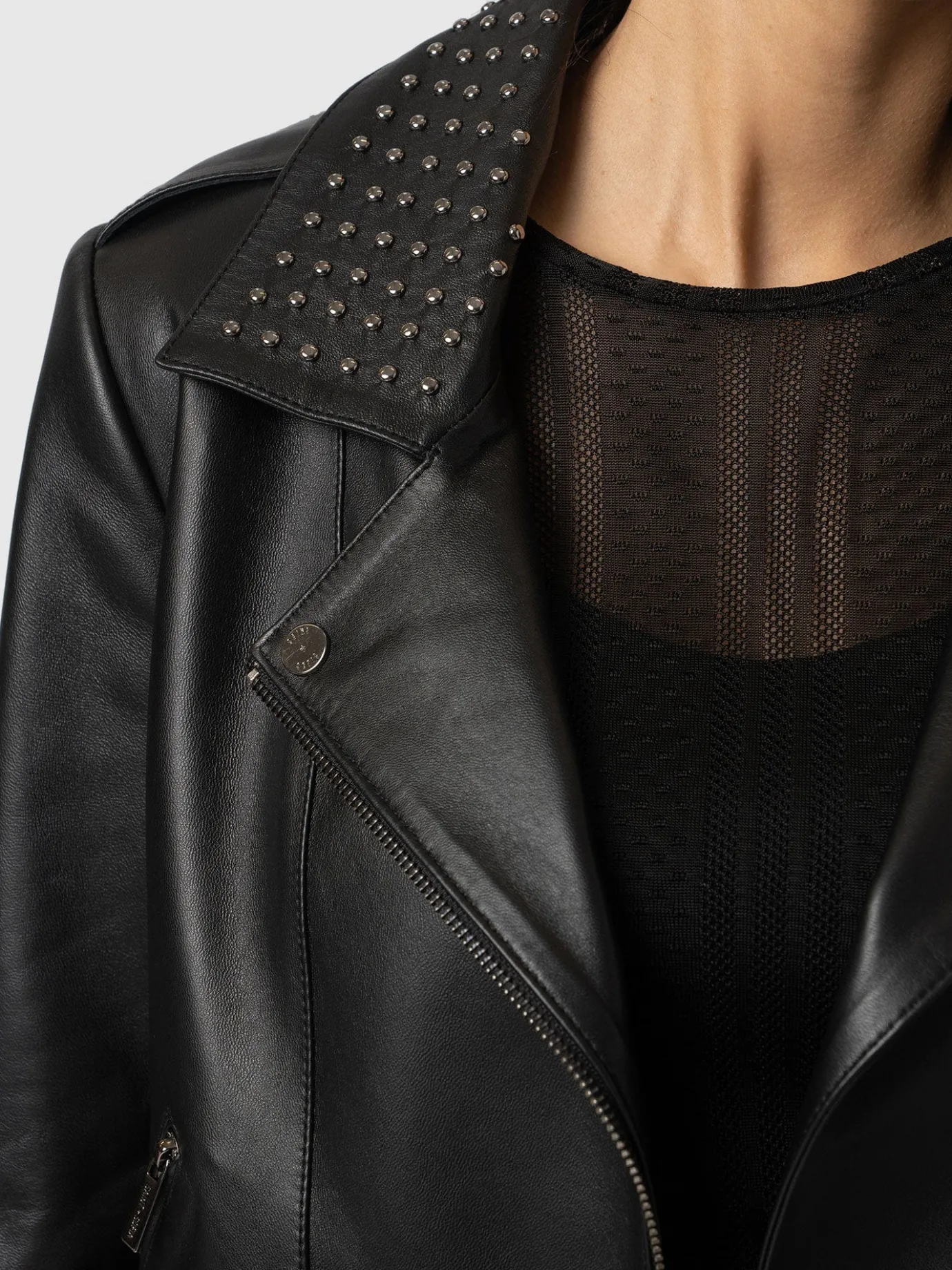 Leather|Coats & Jackets|Saint and Sofia Bonham Studded Biker Jacket - Black