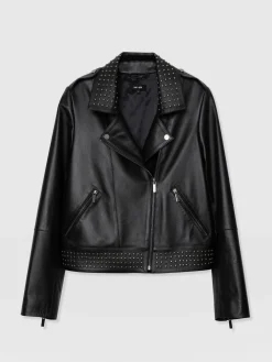 Leather|Coats & Jackets|Saint and Sofia Bonham Studded Biker Jacket - Black