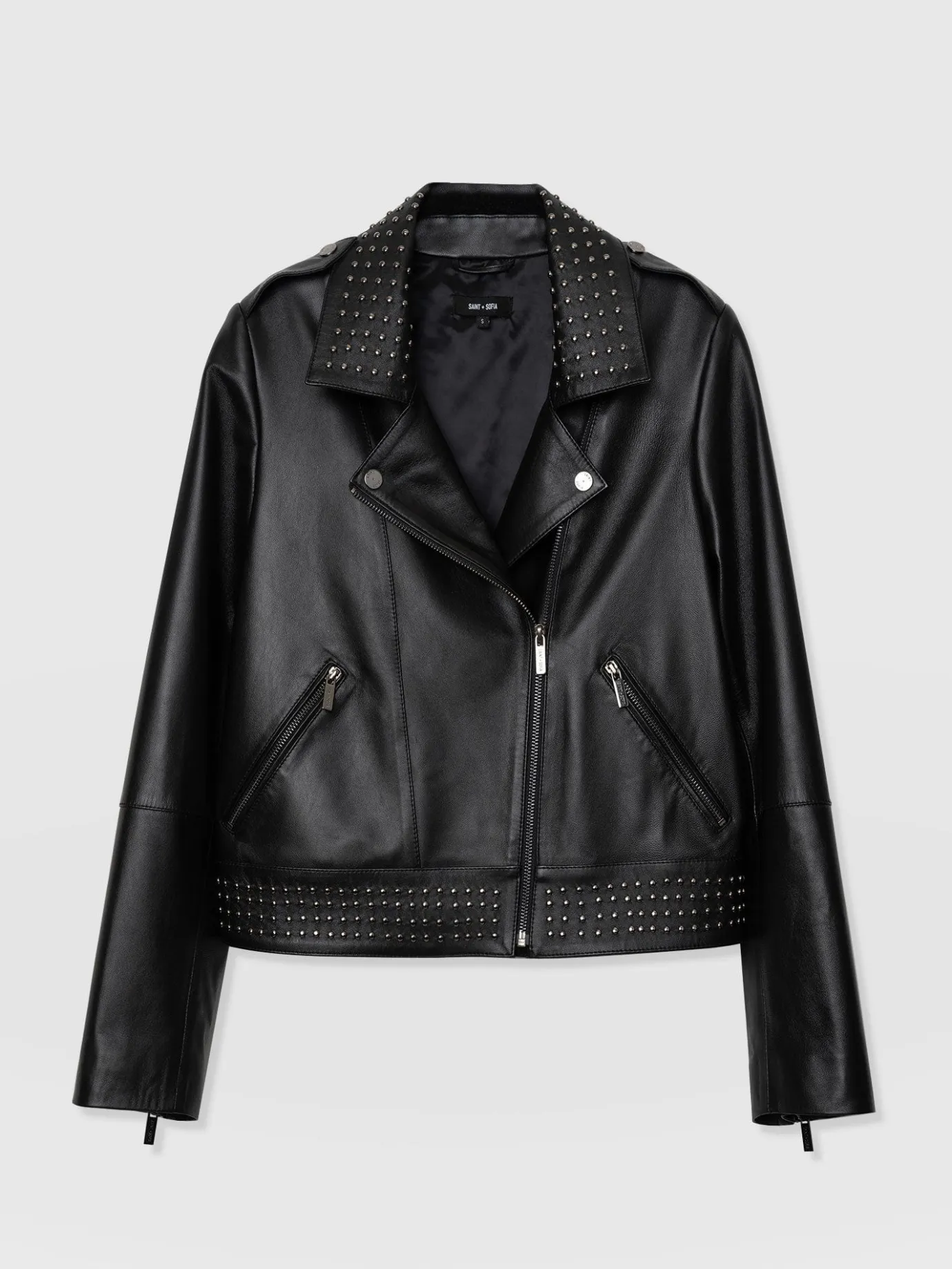 Leather|Coats & Jackets|Saint and Sofia Bonham Studded Biker Jacket - Black