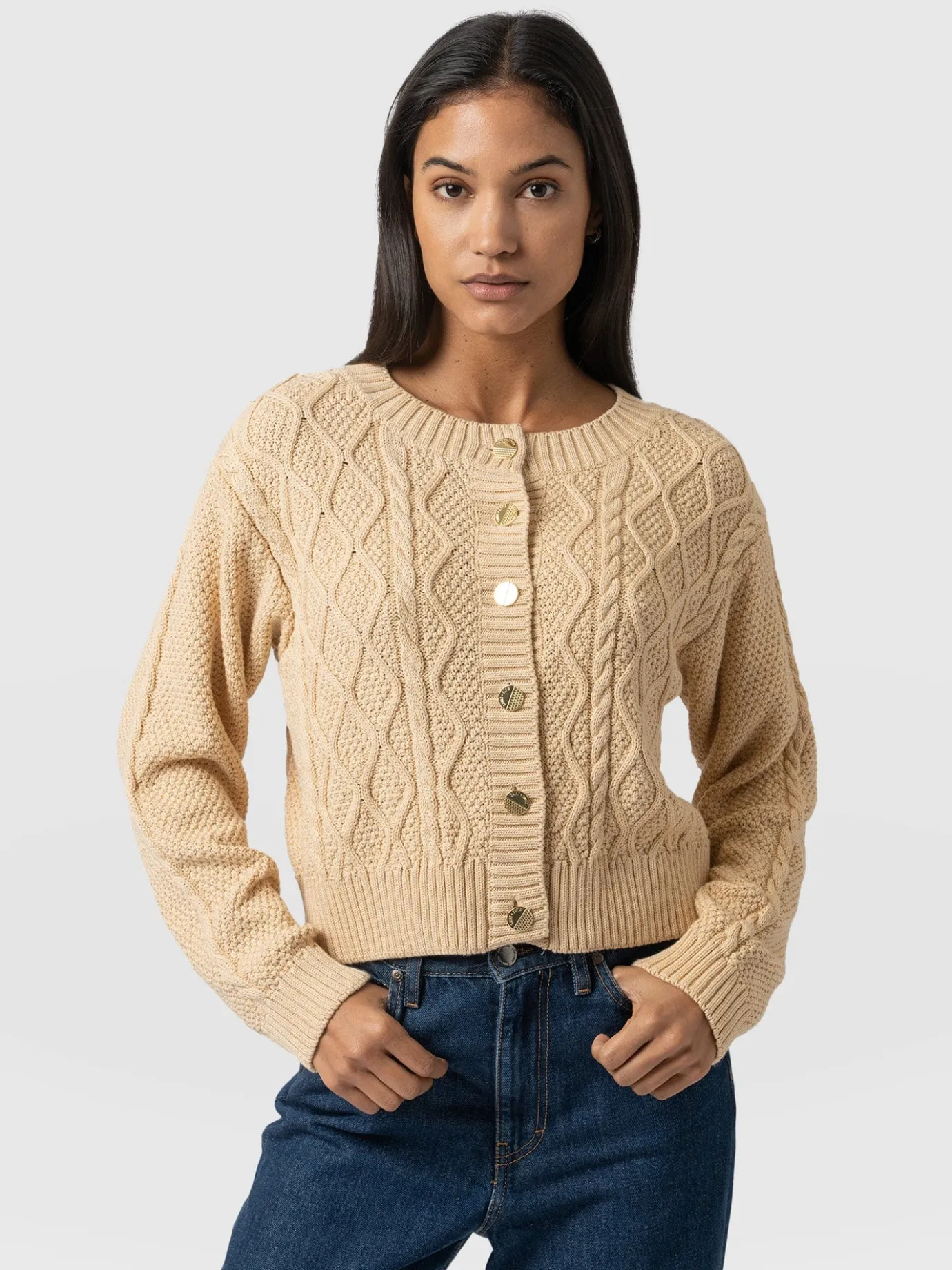 Knitwear|Sweaters|Saint and Sofia Bronte Cable Cardigan - Yellow