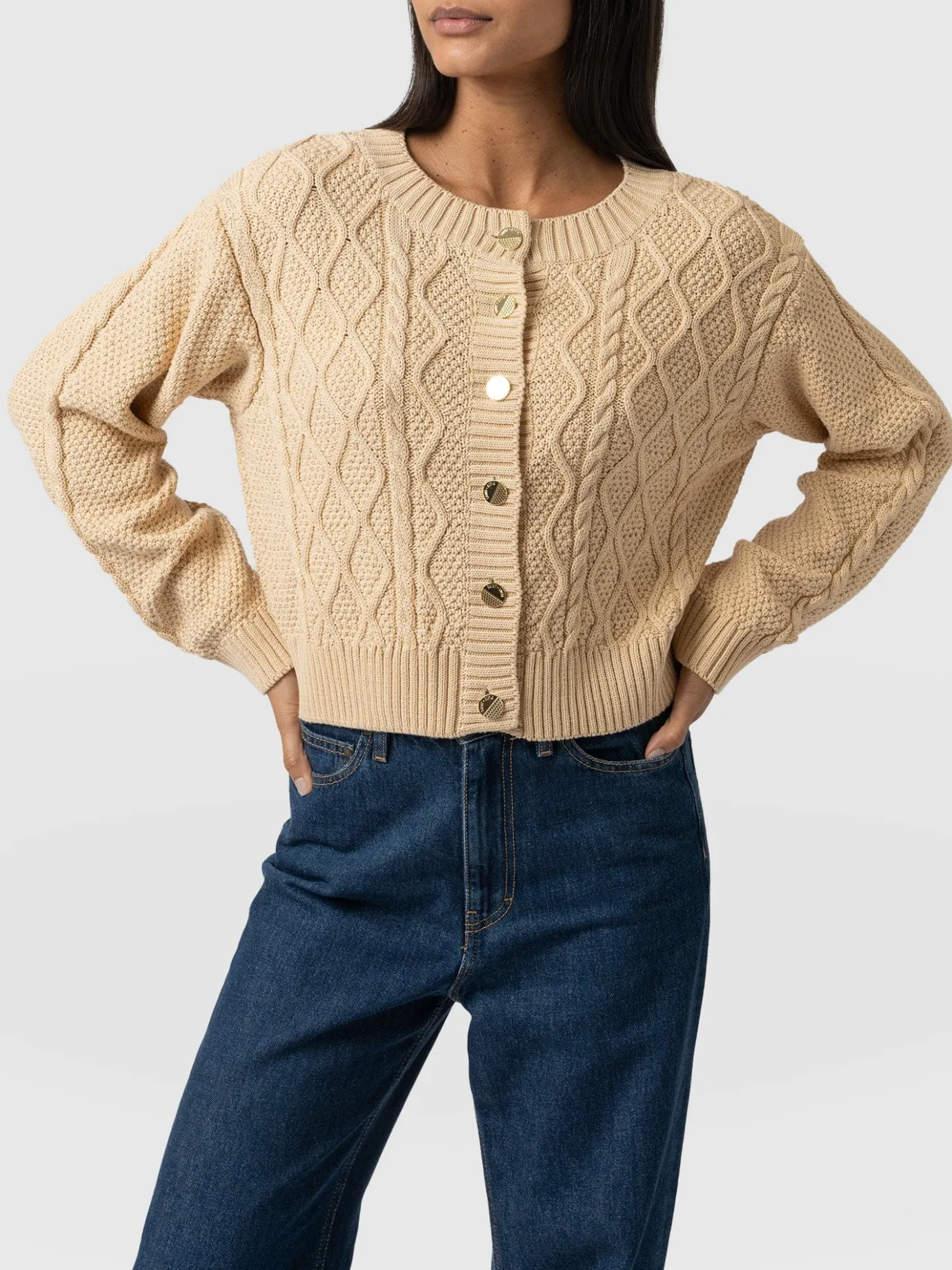 Knitwear|Sweaters|Saint and Sofia Bronte Cable Cardigan - Yellow