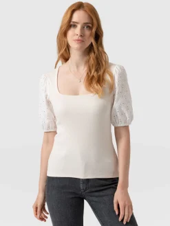 T-shirts & Tanks|Saint and Sofia Cavendish Square Neck Tee - Cream Broderie