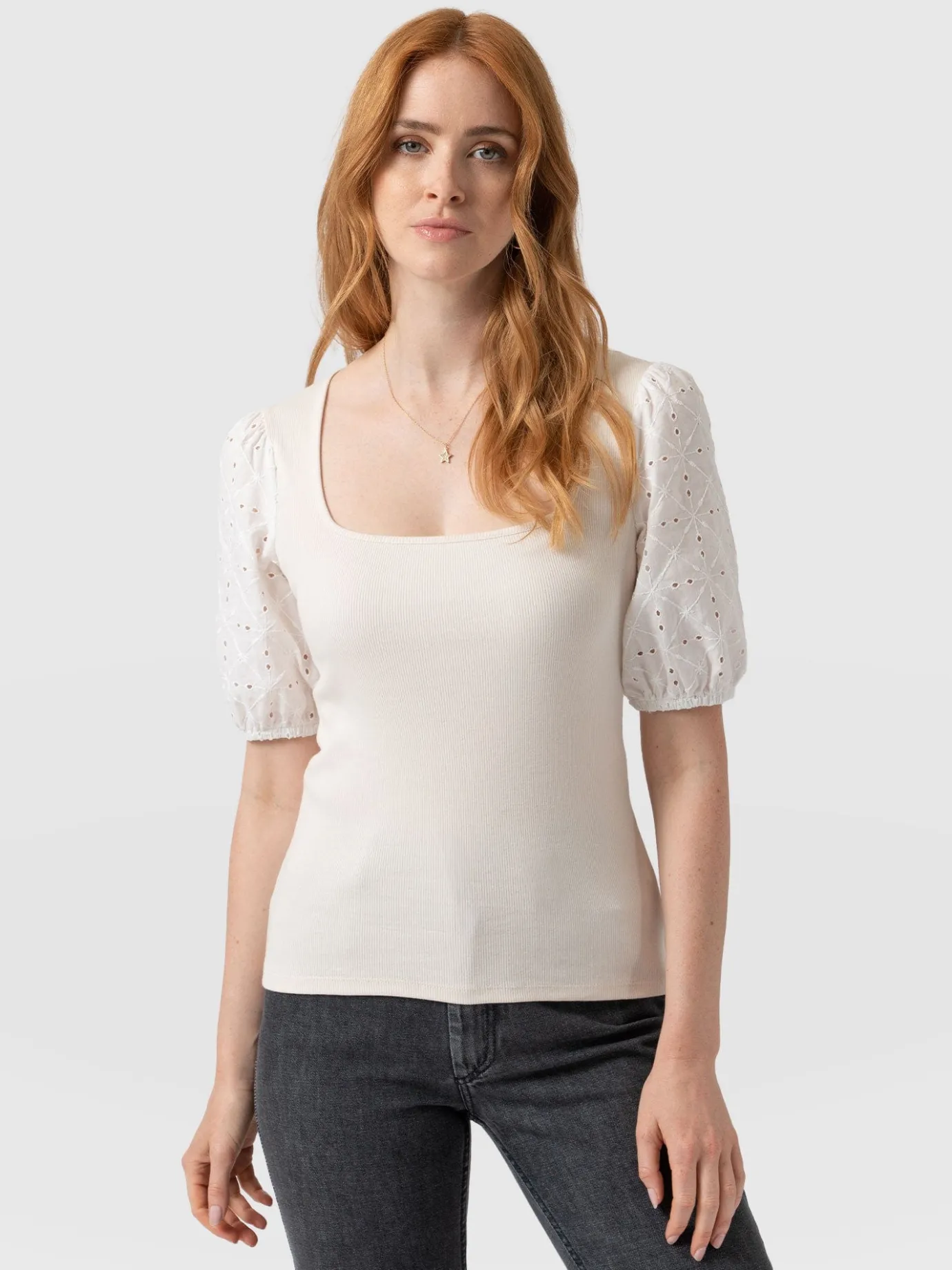 T-shirts & Tanks|Saint and Sofia Cavendish Square Neck Tee - Cream Broderie