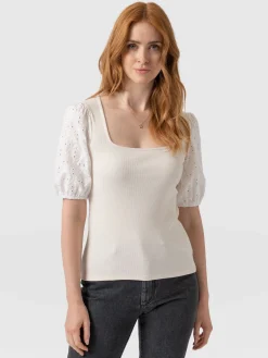 T-shirts & Tanks|Saint and Sofia Cavendish Square Neck Tee - Cream Broderie