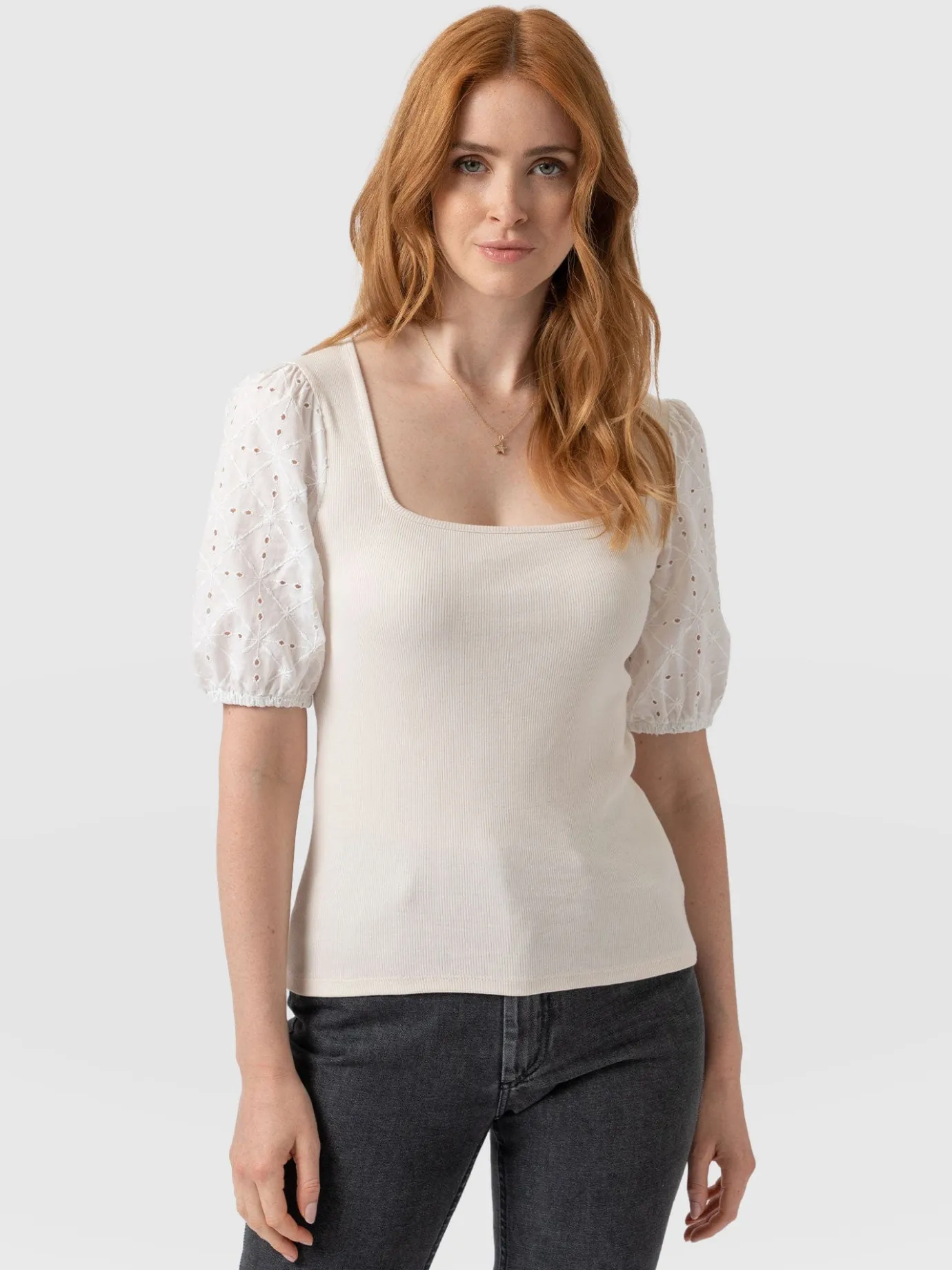 T-shirts & Tanks|Saint and Sofia Cavendish Square Neck Tee - Cream Broderie