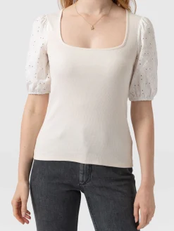 T-shirts & Tanks|Saint and Sofia Cavendish Square Neck Tee - Cream Broderie