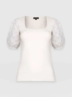 T-shirts & Tanks|Saint and Sofia Cavendish Square Neck Tee - Cream Broderie