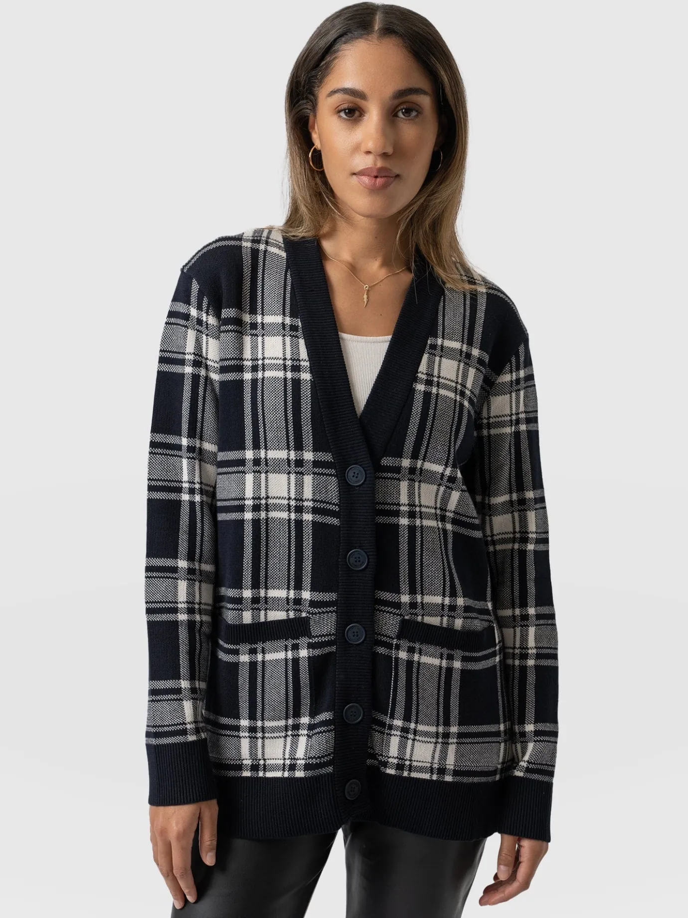 Knitwear|Saint and Sofia College Cardigan - Navy/ Cream Check