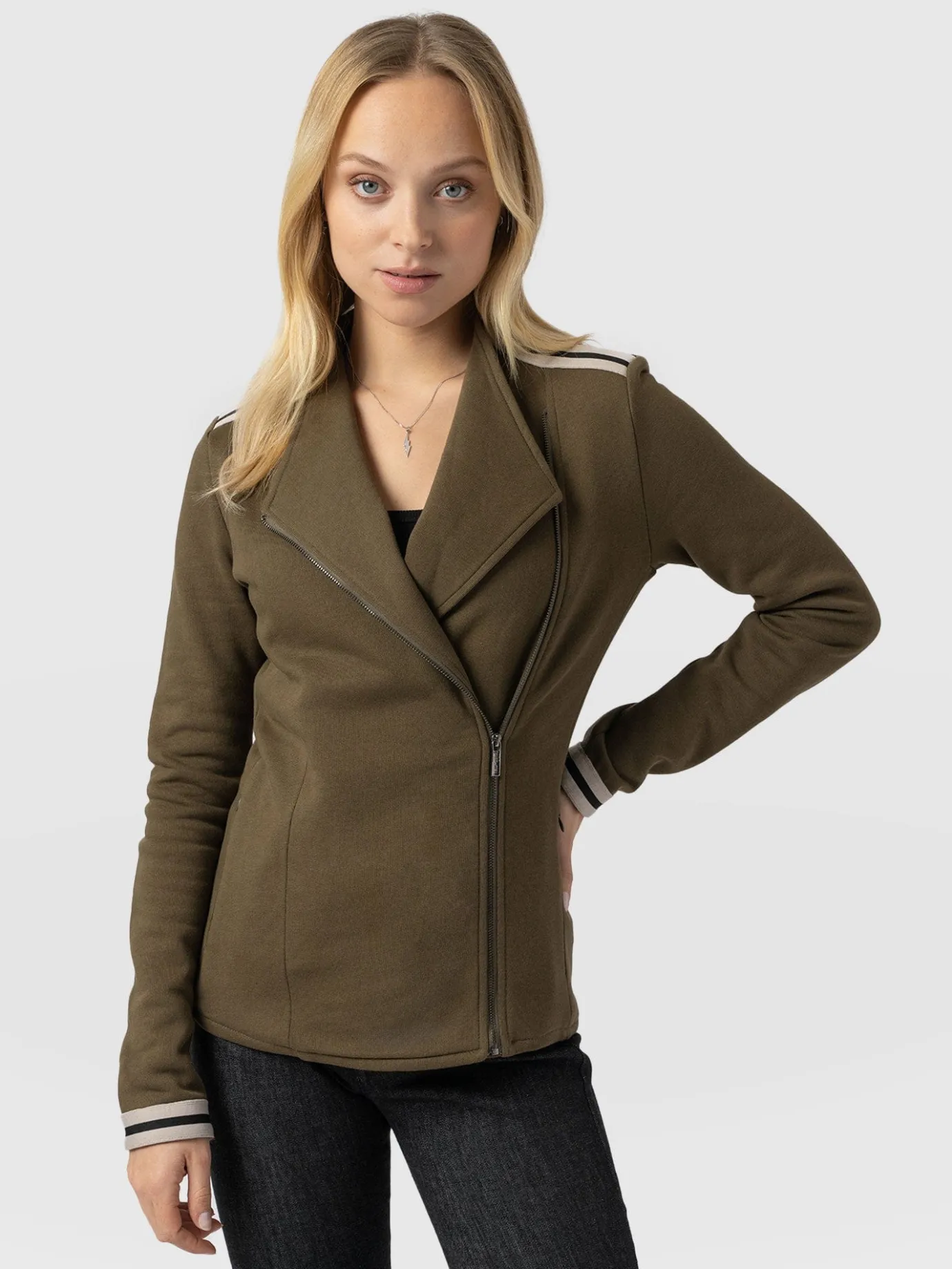 Coats & Jackets|Saint and Sofia Cotton Biker Jacket - Khaki - Cream Stripe