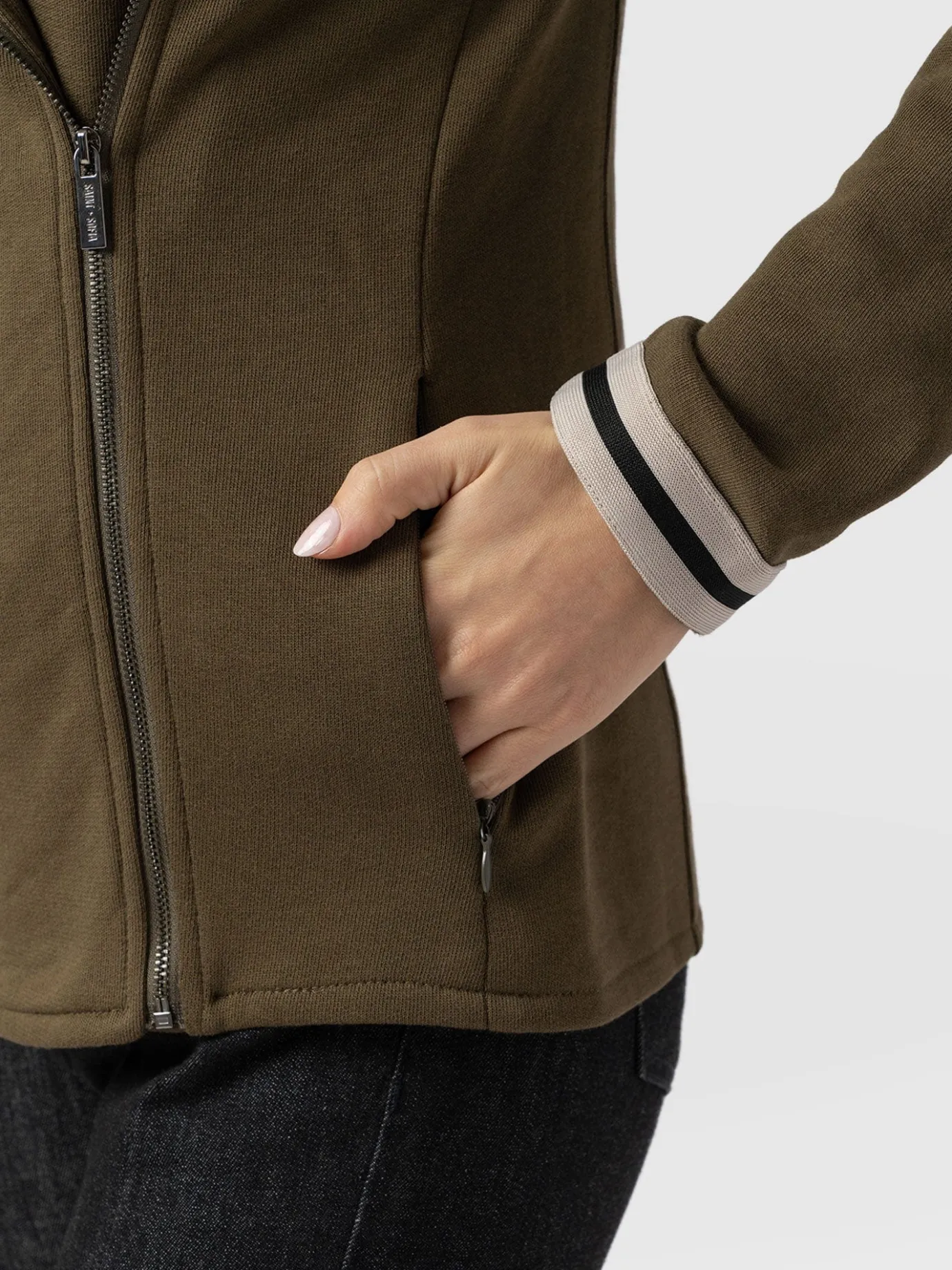 Coats & Jackets|Saint and Sofia Cotton Biker Jacket - Khaki - Cream Stripe