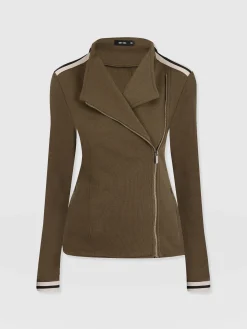 Coats & Jackets|Saint and Sofia Cotton Biker Jacket - Khaki - Cream Stripe