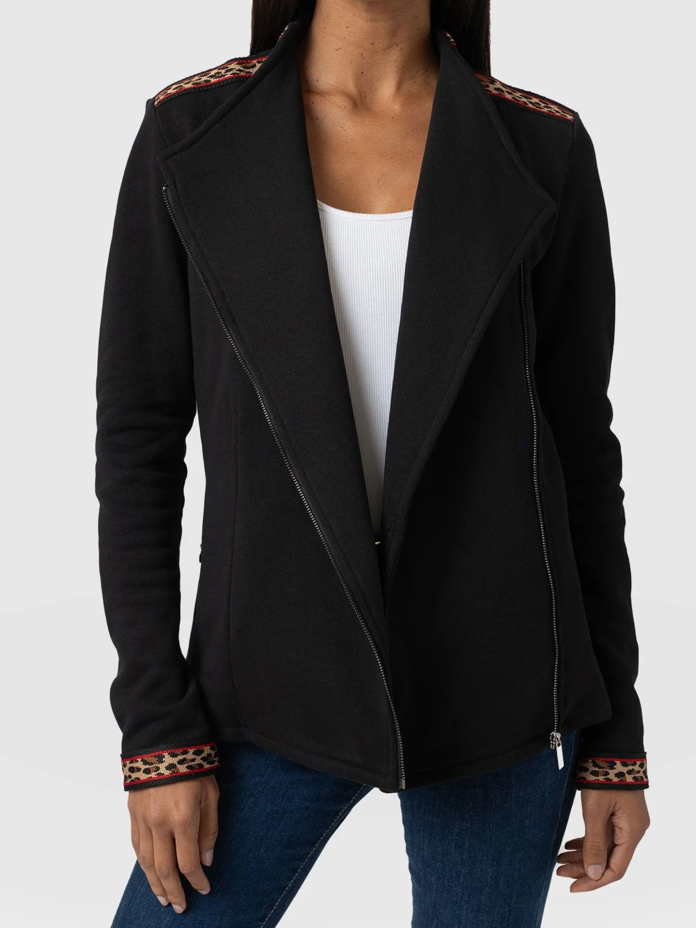 Coats & Jackets|Saint and Sofia Cotton Biker Jacket - Leopard Trim