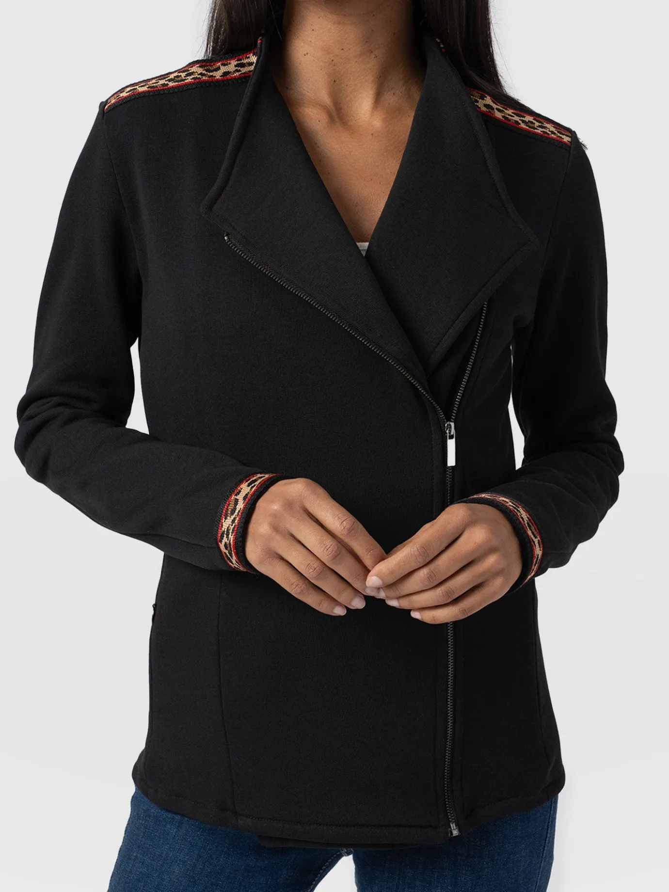 Coats & Jackets|Saint and Sofia Cotton Biker Jacket - Leopard Trim
