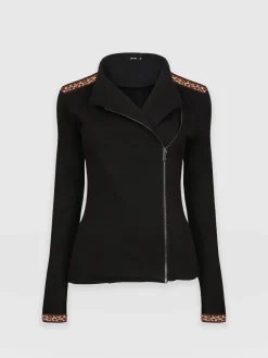 Coats & Jackets|Saint and Sofia Cotton Biker Jacket - Leopard Trim