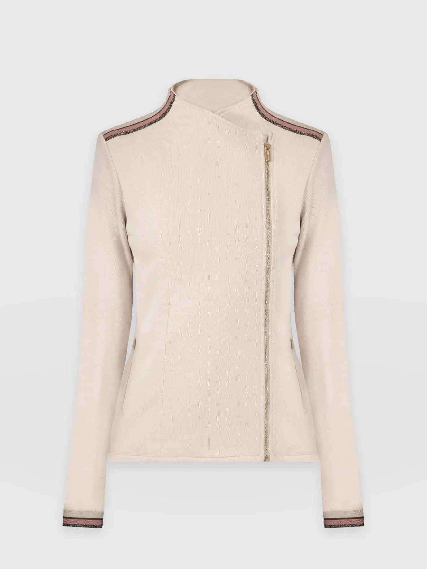 Coats & Jackets|Saint and Sofia Cotton Biker Jacket - Light Beige - Gold Lurex Stripe