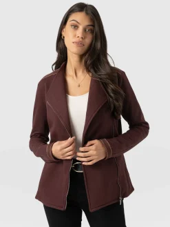 Coats & Jackets|Saint and Sofia Cotton Biker Jacket - Maroon - Bronze Stripe