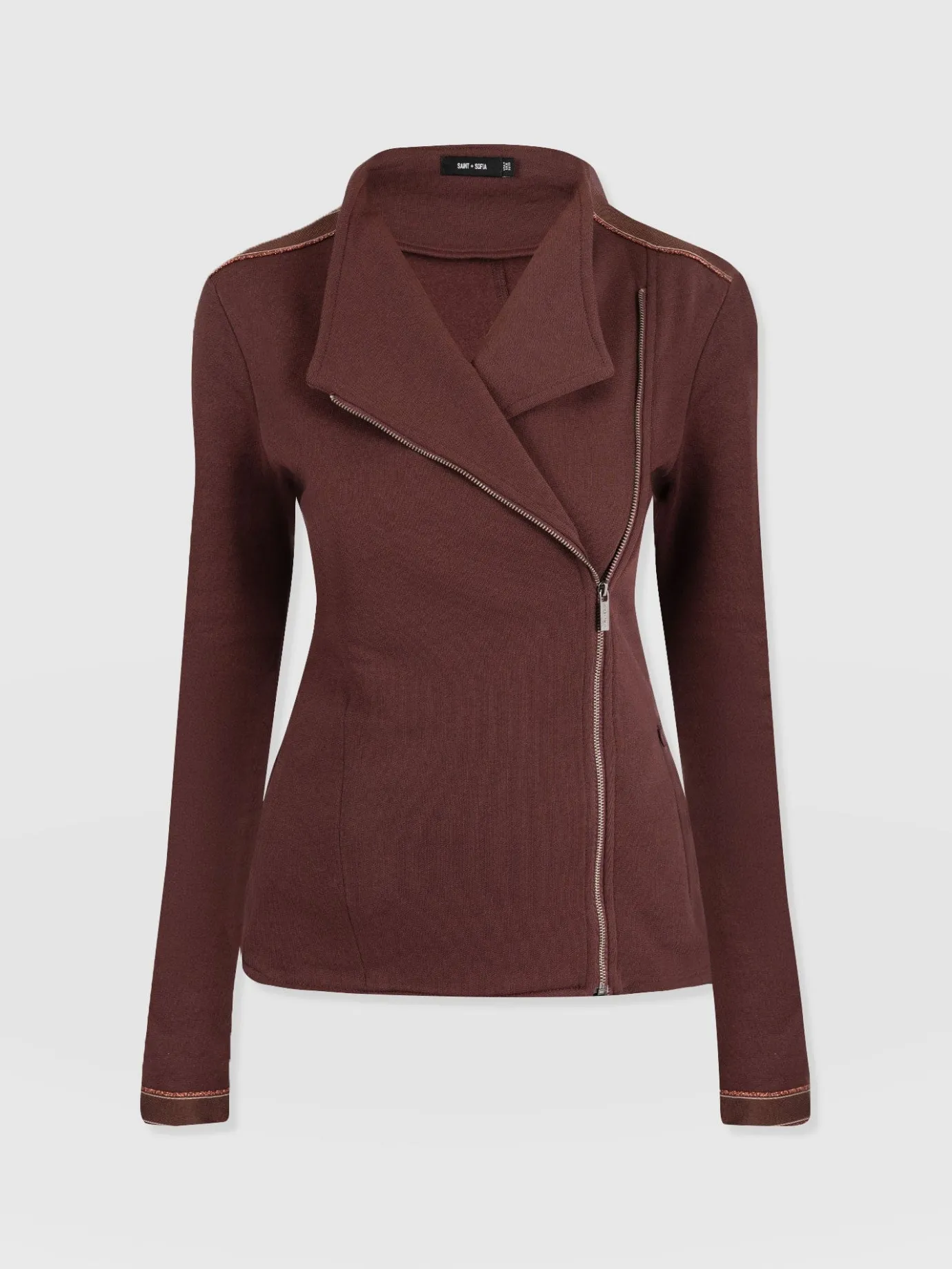 Coats & Jackets|Saint and Sofia Cotton Biker Jacket - Maroon - Bronze Stripe