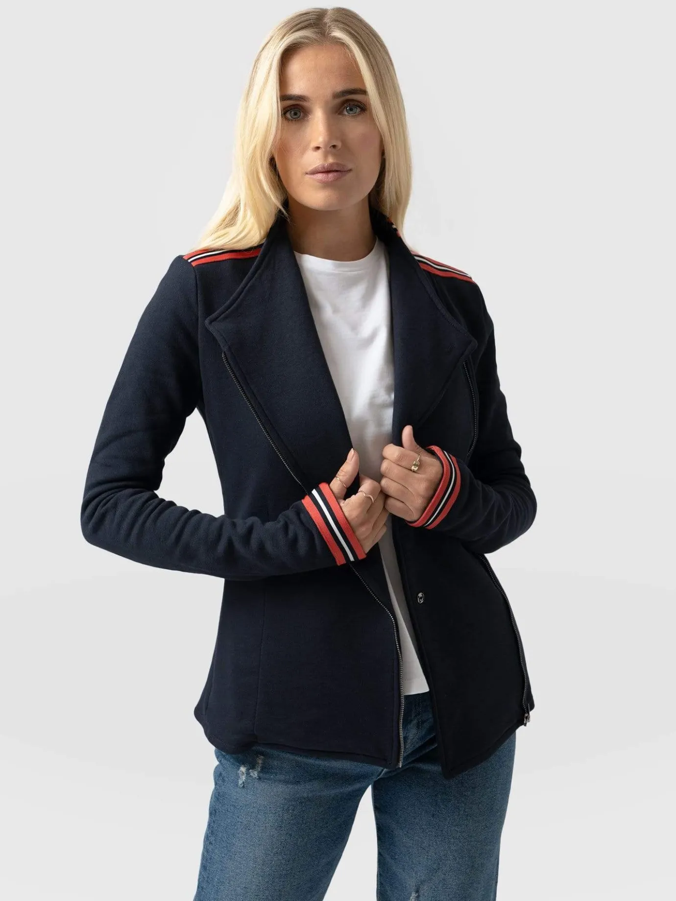 Coats & Jackets|Saint and Sofia Cotton Biker Jacket - Navy Stripe
