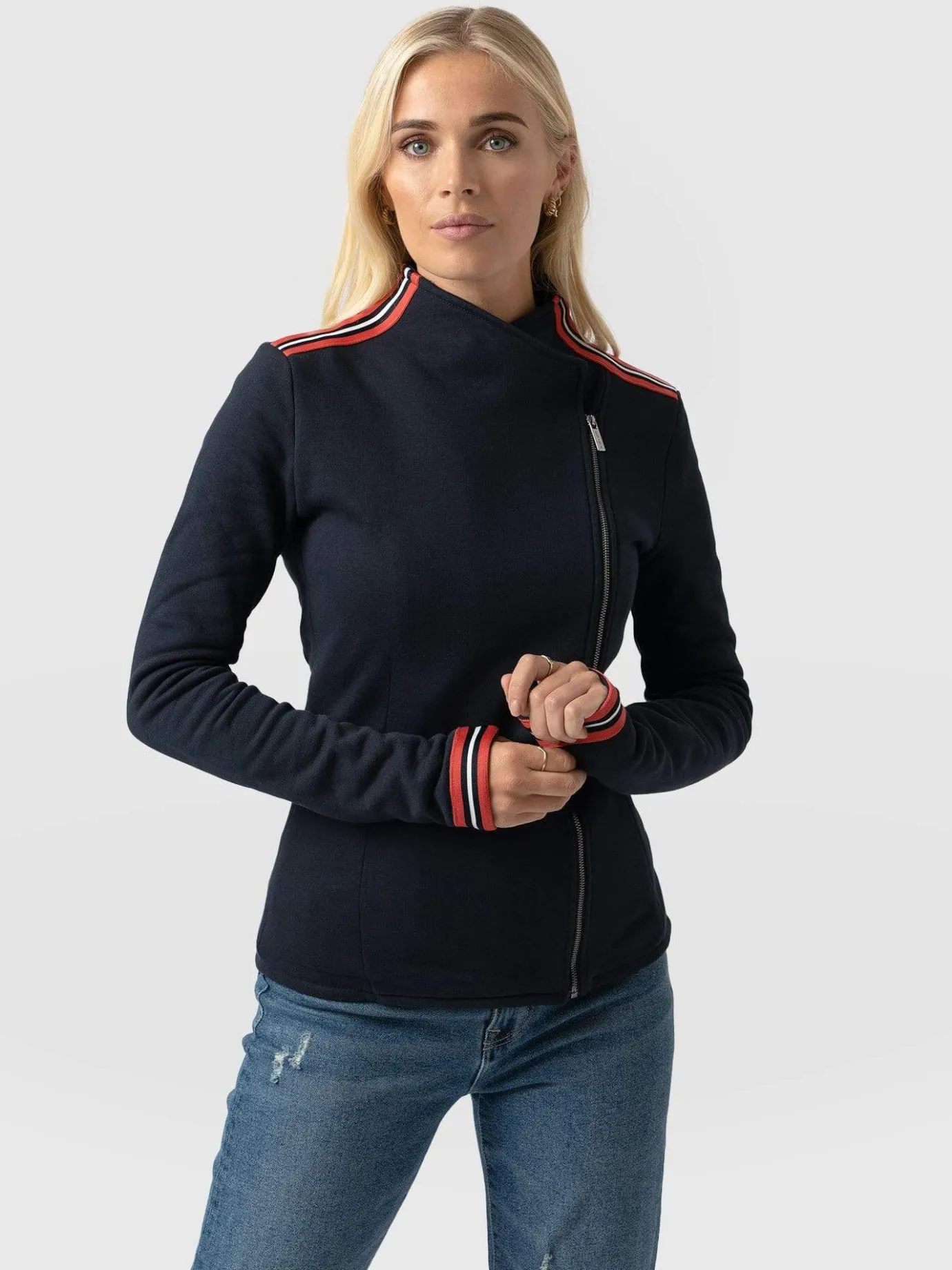 Coats & Jackets|Saint and Sofia Cotton Biker Jacket - Navy Stripe