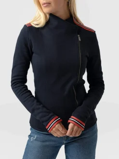 Coats & Jackets|Saint and Sofia Cotton Biker Jacket - Navy Stripe