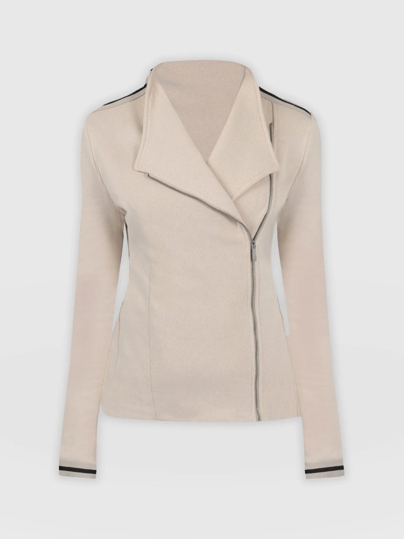 Coats & Jackets|Saint and Sofia Cotton Biker Jacket-Light Beige-Black/Cream Stripe
