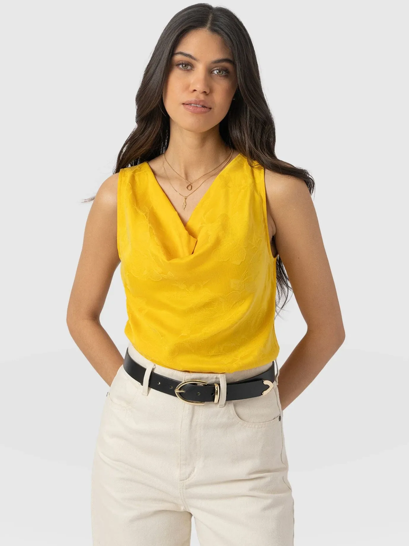 T-shirts & Tanks|Saint and Sofia Cowl Neck Cami - Yellow Jacquard