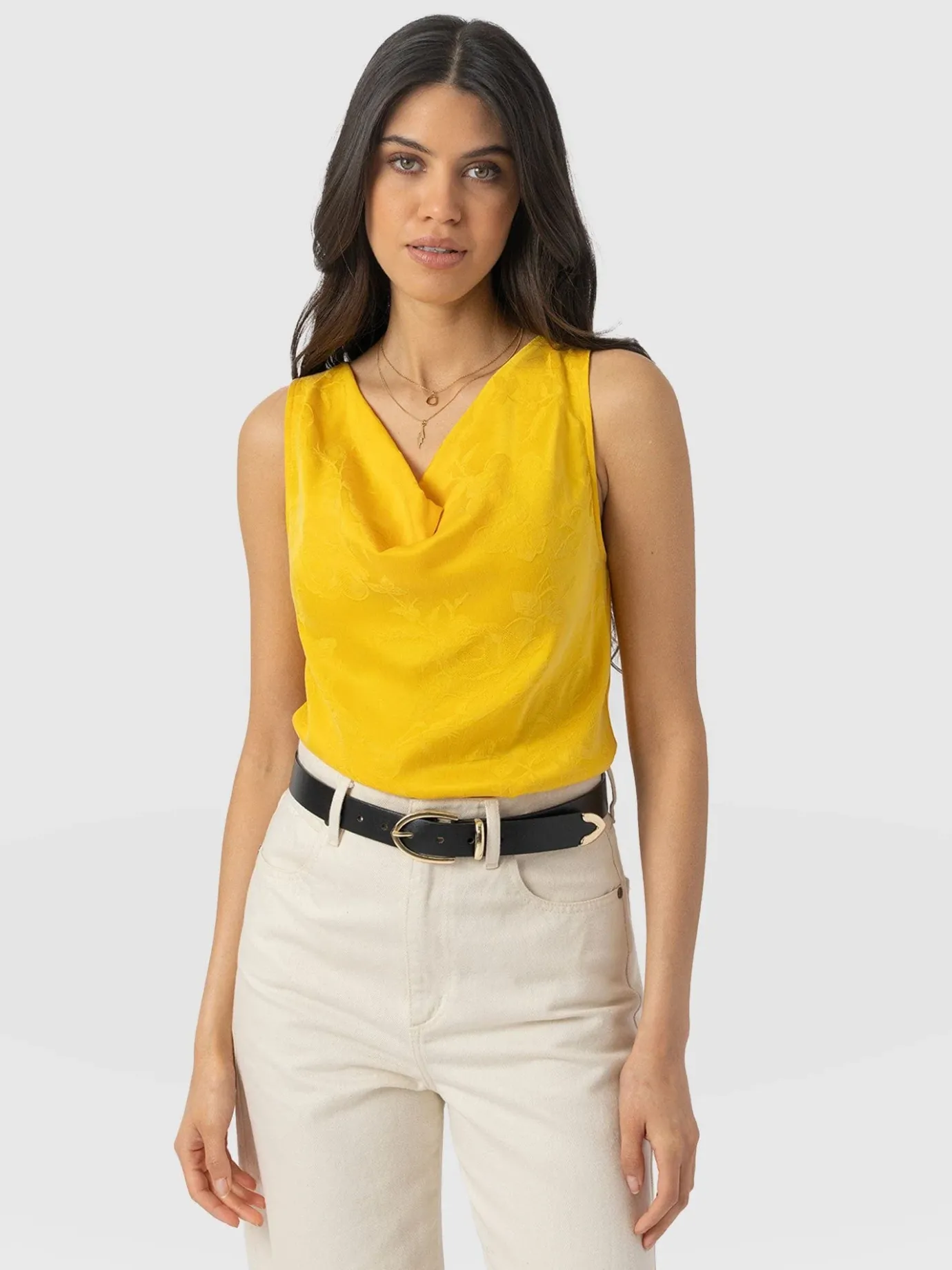 T-shirts & Tanks|Saint and Sofia Cowl Neck Cami - Yellow Jacquard