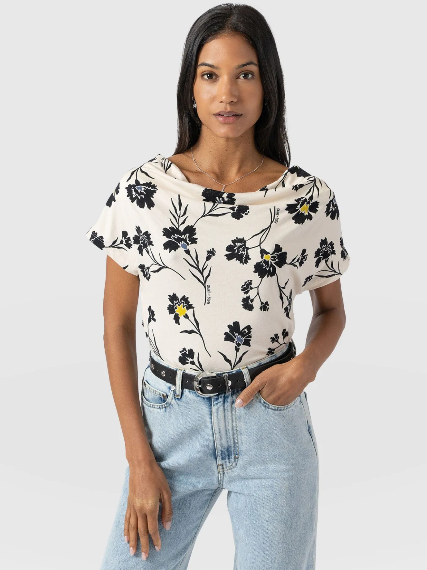 T-shirts & Tanks|Saint and Sofia Cowl Neck Tee - White Spring Floral