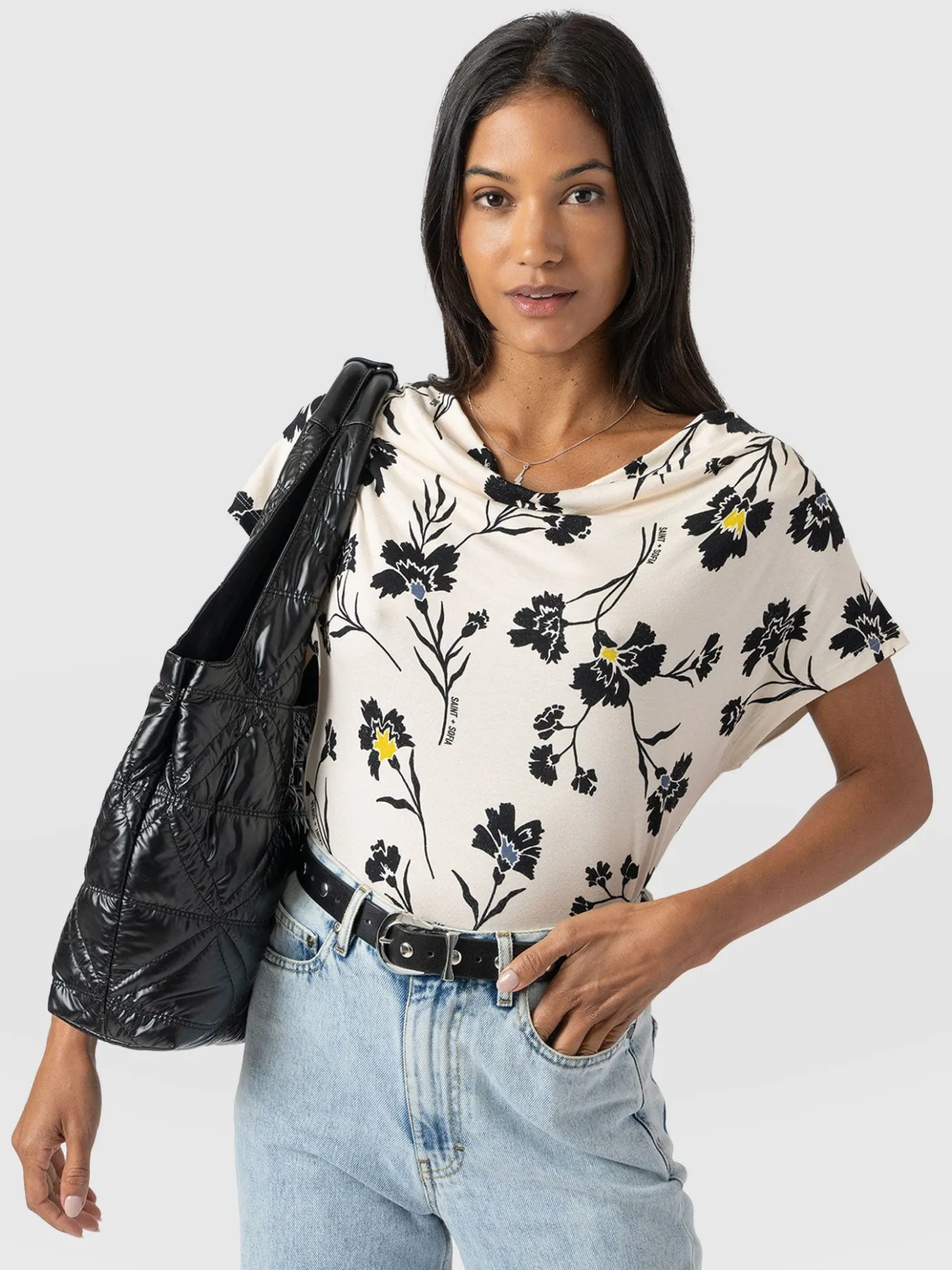 T-shirts & Tanks|Saint and Sofia Cowl Neck Tee - White Spring Floral
