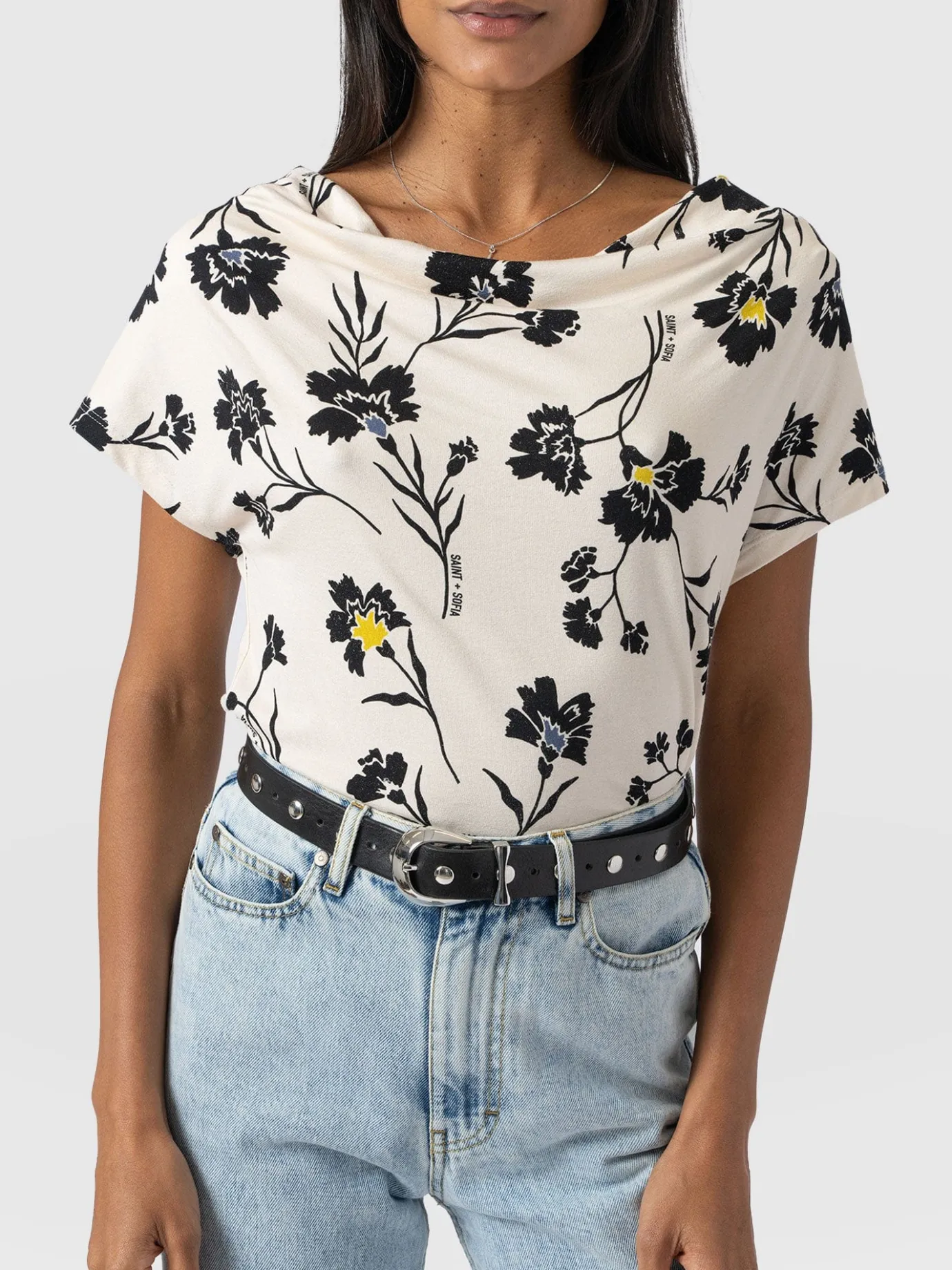 T-shirts & Tanks|Saint and Sofia Cowl Neck Tee - White Spring Floral