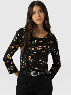 T-shirts & Tanks|Saint and Sofia Cowl Neck Tee Long Sleeve - Black Floral