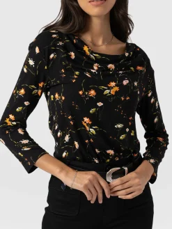 T-shirts & Tanks|Saint and Sofia Cowl Neck Tee Long Sleeve - Black Floral